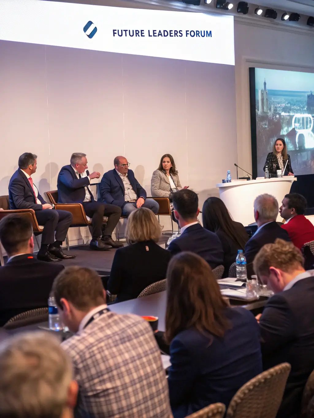 A photograph of a panel discussion at a business conference in Pretoria, South Africa. Panelists are seated at a table, discussing a topic with the moderator.