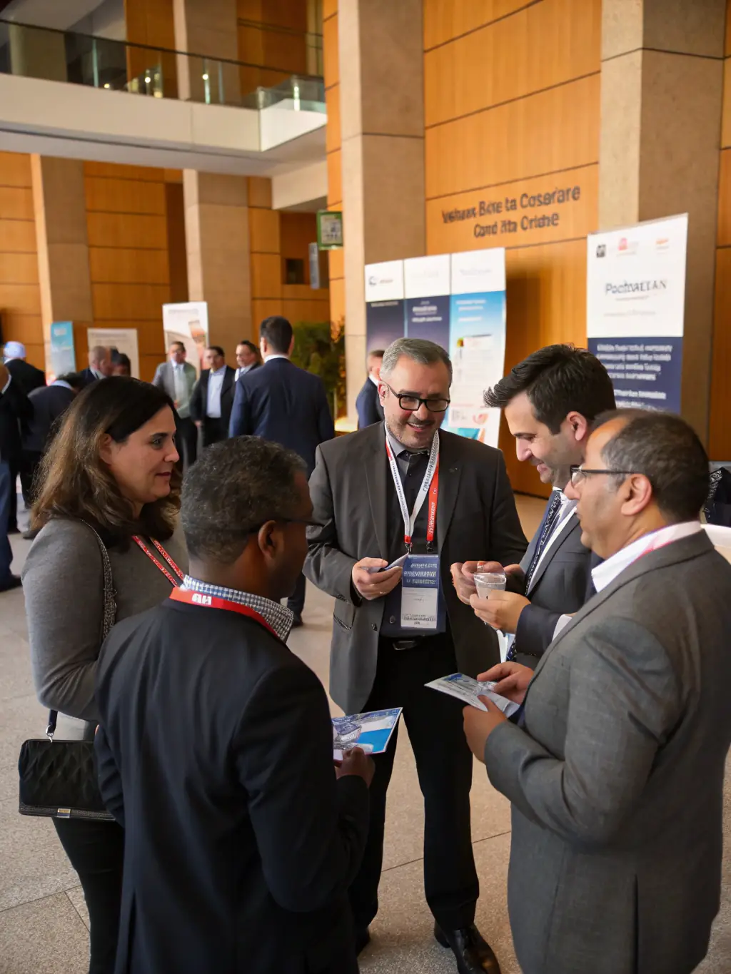 A photograph of a networking session at a business conference in Cape Town, South Africa. Attendees are standing in small groups, engaged in conversation and exchanging business cards.