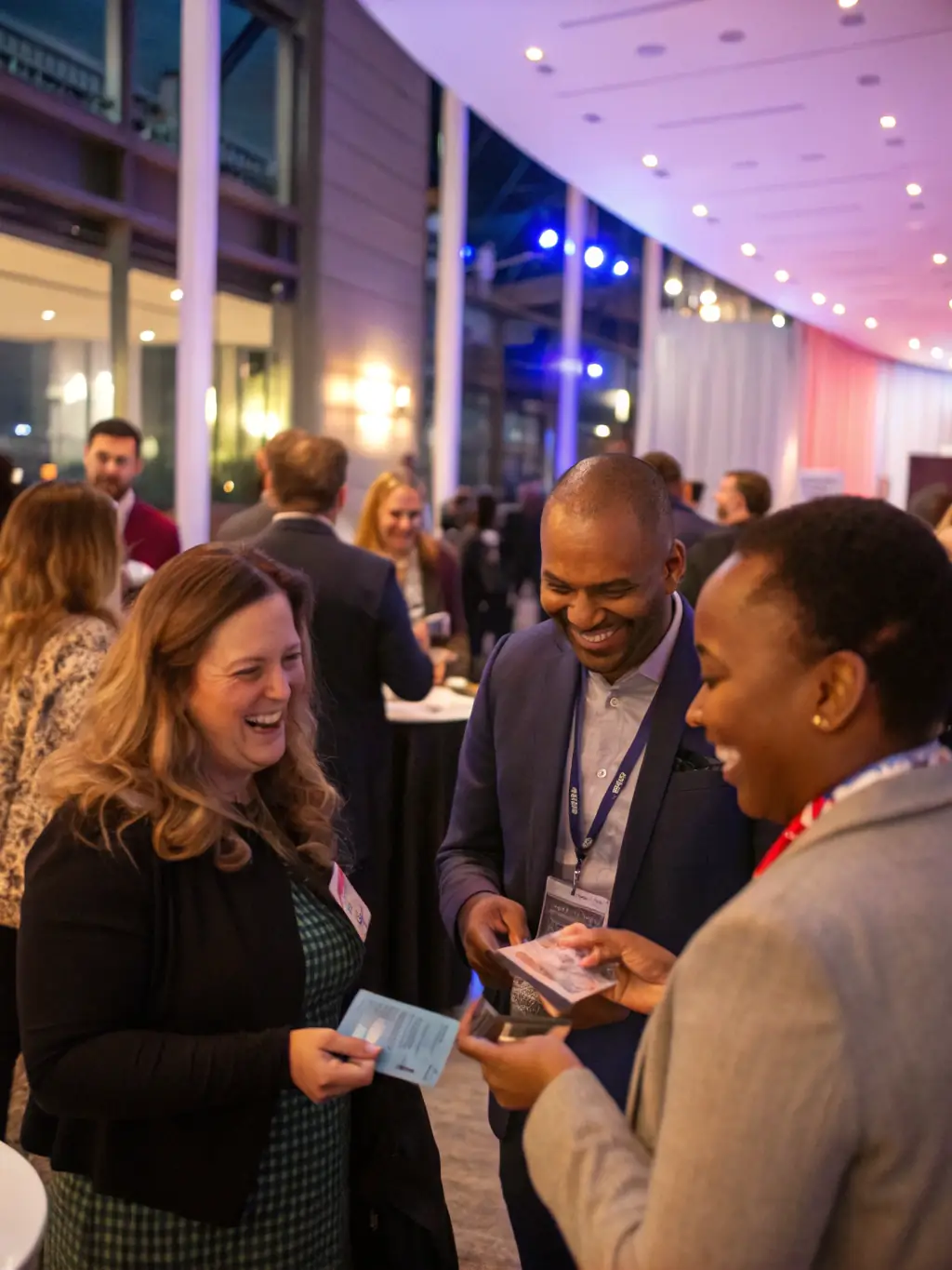 A photograph of a networking event, showing attendees engaging in conversations and exchanging business cards in a relaxed setting.