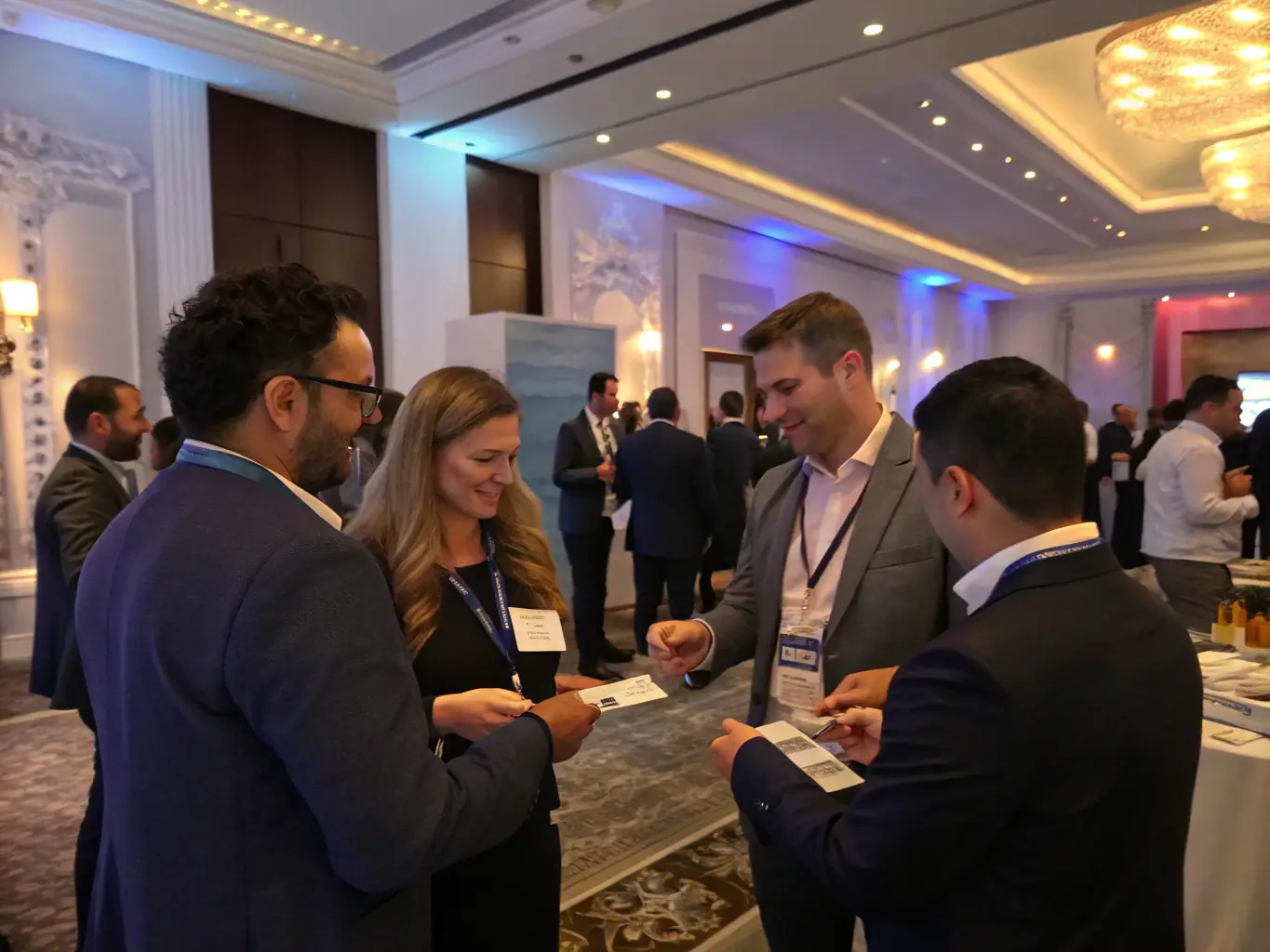 A photograph of a networking event at a business conference in Durban, South Africa, showing attendees exchanging business cards and engaging in conversation. The image emphasizes the importance of building connections and fostering collaboration.