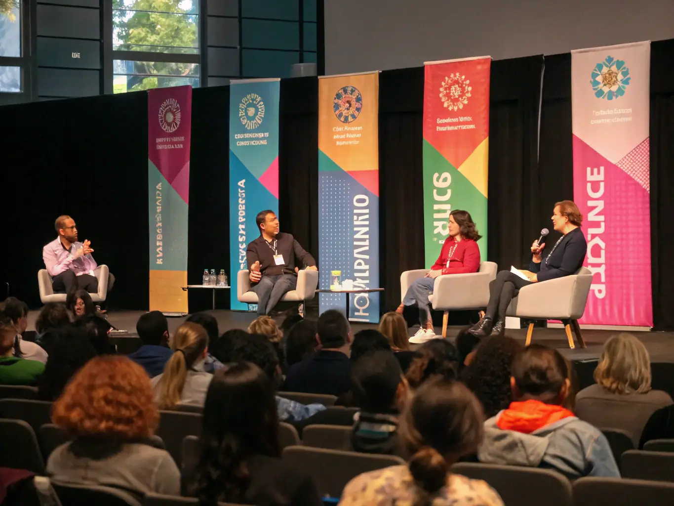 A photograph of a panel discussion at a business conference in Cape Town, South Africa, featuring diverse speakers engaging with the audience. The image highlights the knowledge-sharing and interactive aspects of the event.