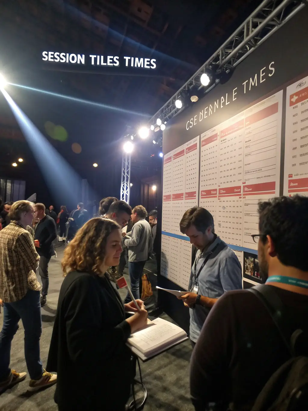 A photograph of a conference agenda displayed on a large screen, showing session times, speaker names, and room locations for the first day of the conference.