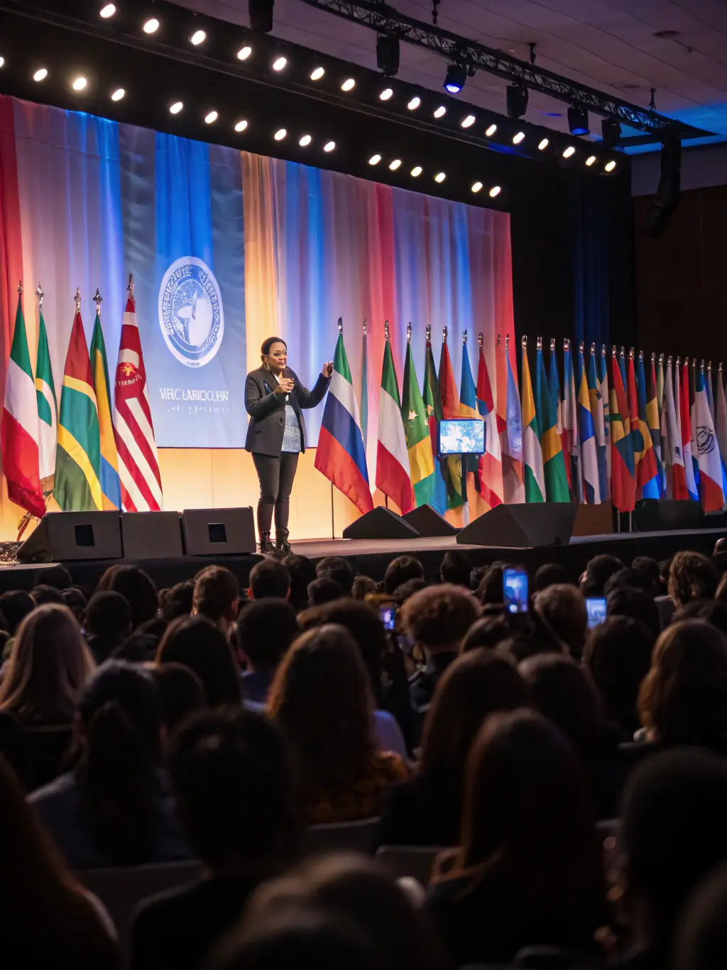 A photograph of a keynote speaker addressing a large audience at a business conference in Johannesburg, South Africa. The speaker is gesturing emphatically, and the audience is engaged and attentive.