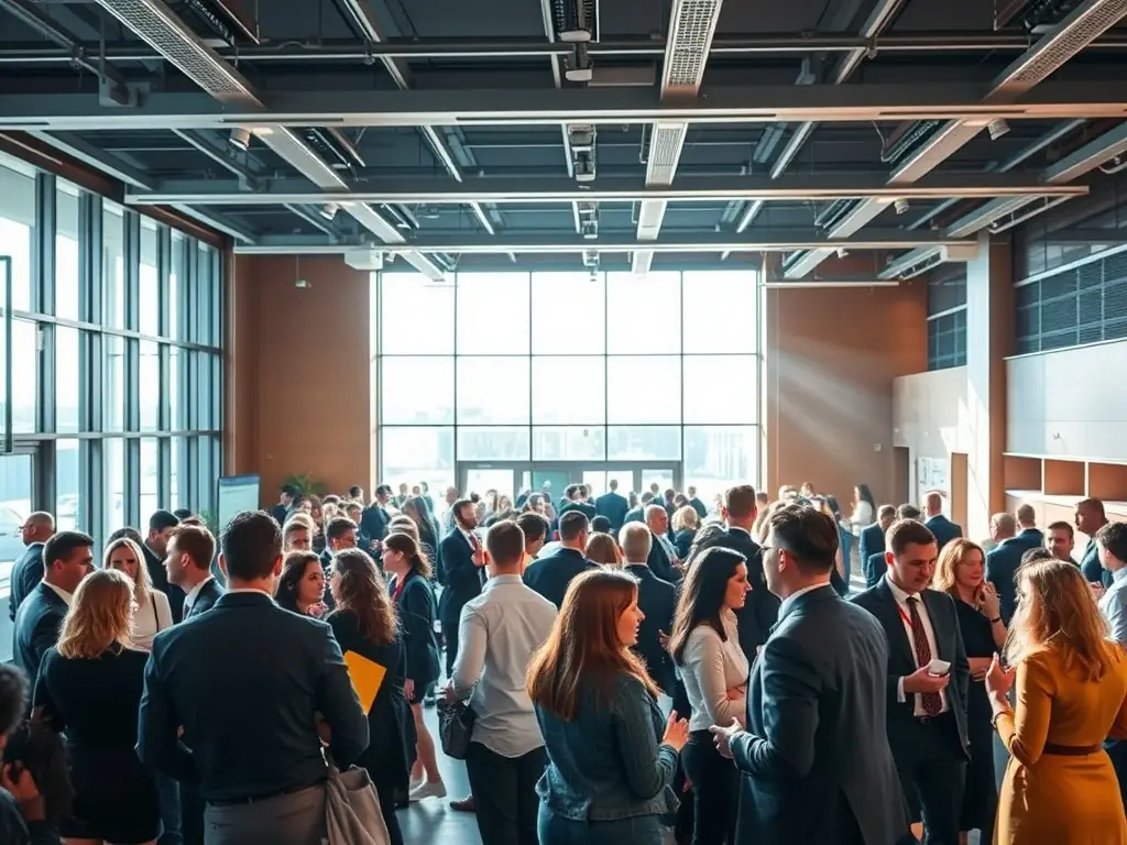 A photograph of a modern conference hall in Johannesburg, South Africa, bustling with attendees networking during a break at a business conference. The scene captures the vibrant atmosphere and professional setting of the event.